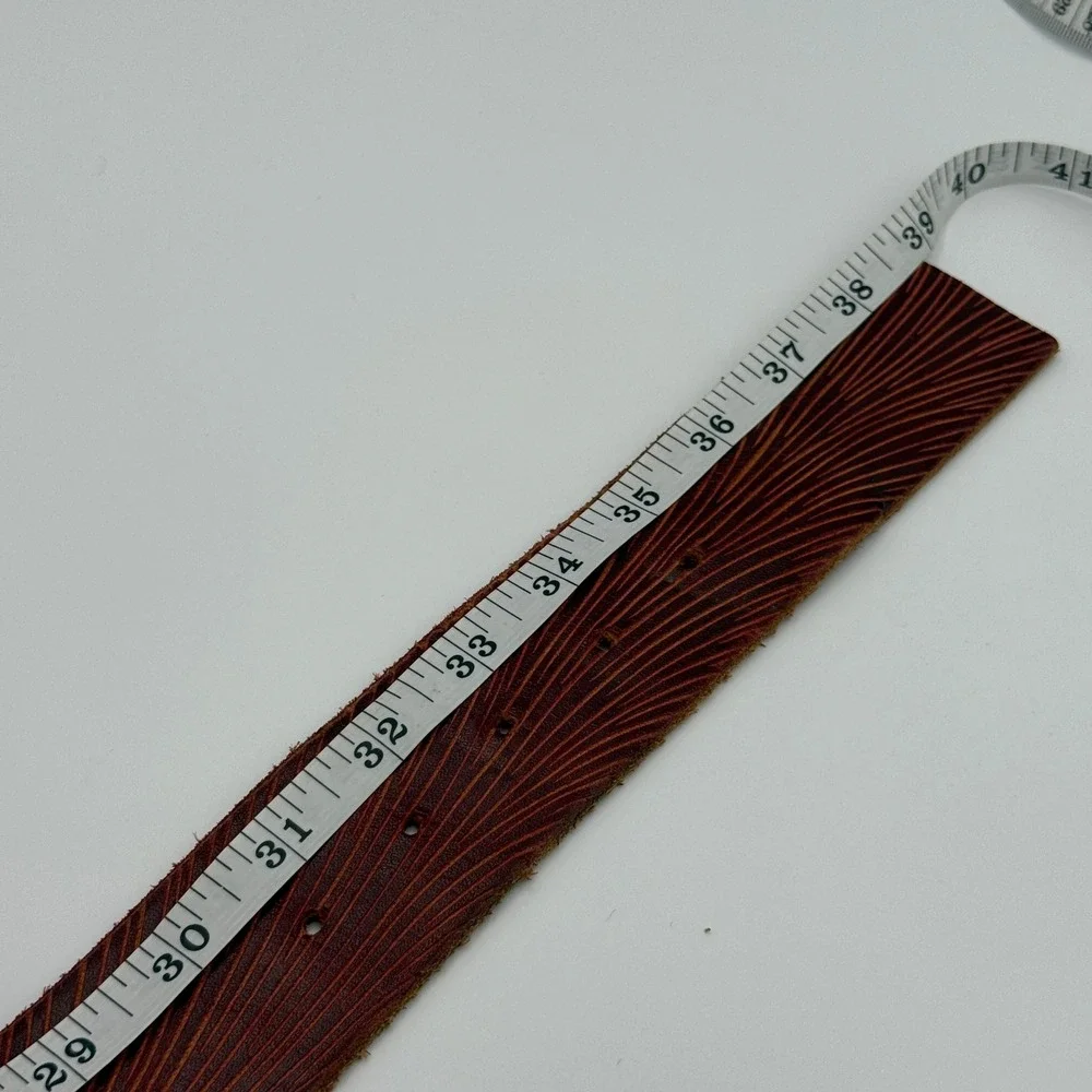 Leather Belt Womens Large Burgundy Brass Round Buckle Textured Boho Vintage